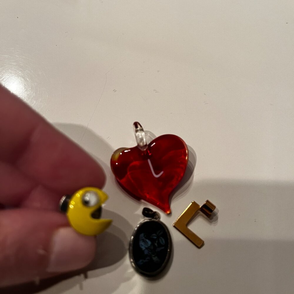 Vintage Charms (2 "L" Charms, a Bird Charm and a Pac-Man Pin)